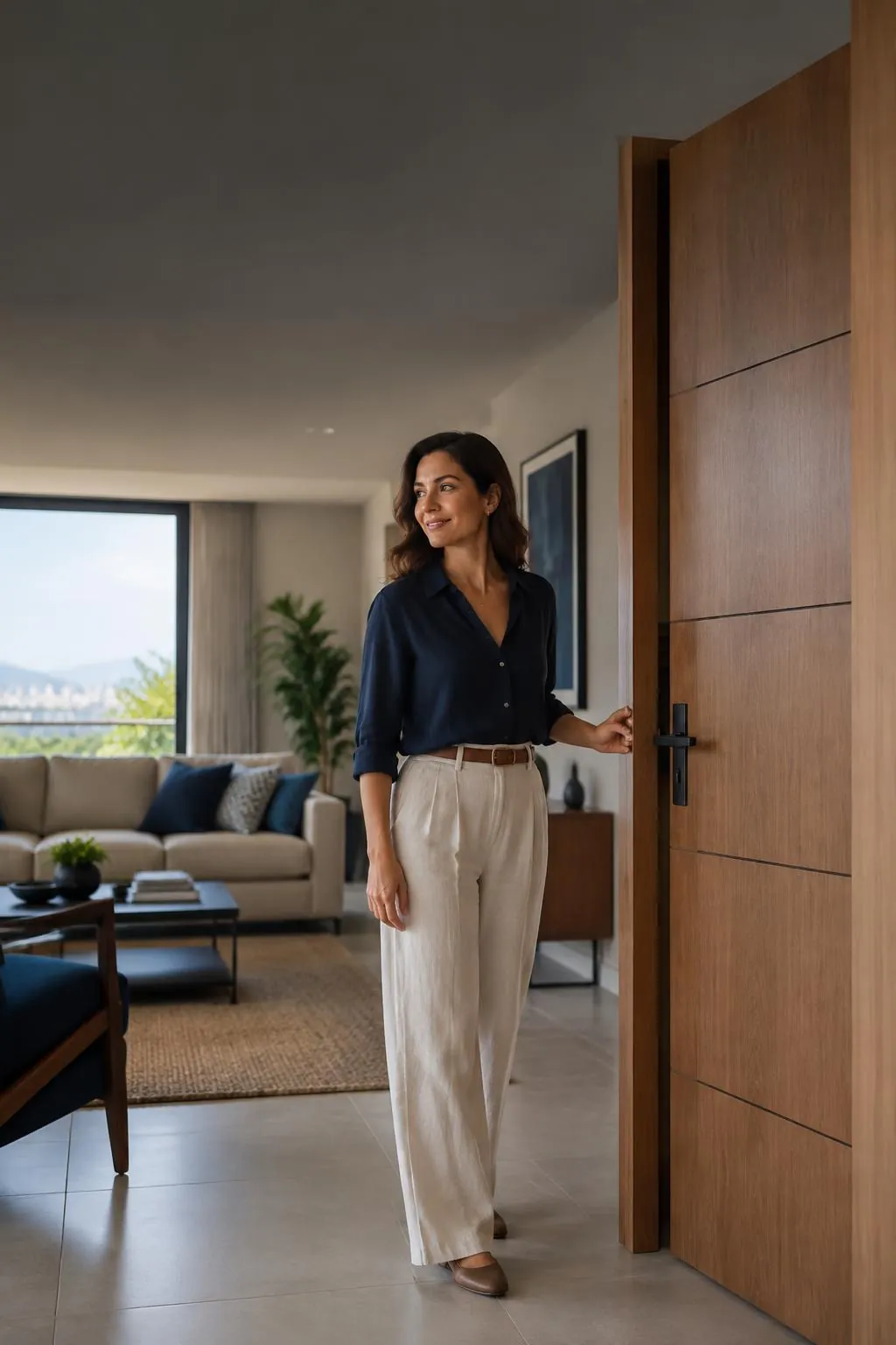Moradora abrindo uma porta de madeira em ambiente residencial contemporâneo